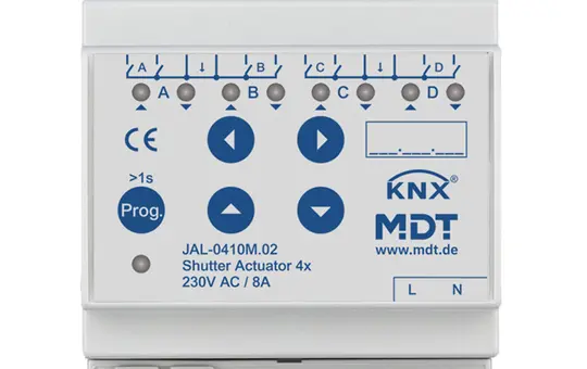 MDT JAL-0410M.02 Actionneur de volet roulant KNX 230 V Mesure du temps de trajet (multipliée par 4)