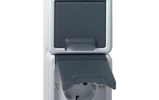 GIRA 478030 SCHUKO socket WG surface-mounted 2-fold, vertical, hinged lid, without claws | gray