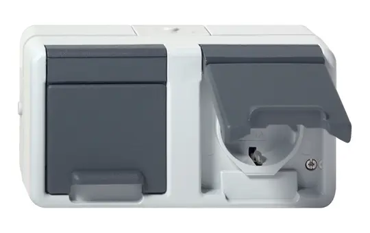 GIRA 478130 SCHUKO Socket WG Surface-Mounted 2-fold, horizontal, hinged lid, without claws | gray