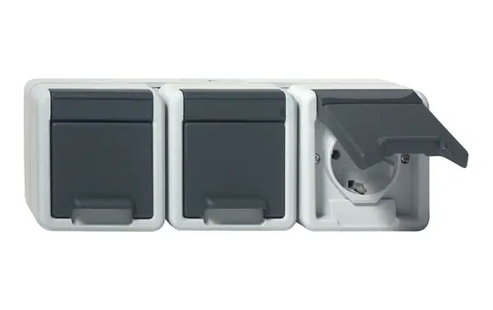 GIRA 478930 SCHUKO socket WG surface-mounted 3-fold, horizontal, hinged lid, without claws | gray
