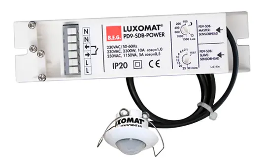 B.E.G. 92912 LUXOMAT Mini-détecteur de présence plafond PD9 IP65, Maître, 1 relais | blanc