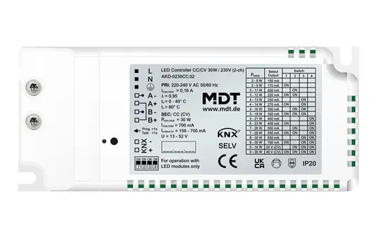 MDT AKD-0230CC.02 Contrôleur LED KNX CC/CV avec alimentation encastrée 2 voies, 30 W