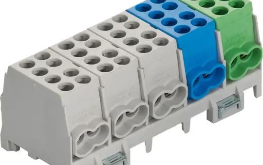 POLLMANN 2080516 Main Line Branch Terminal Blocks S, 5-pole 2 inputs, 2 outputs | grey/blue/green | 25/16 mm²