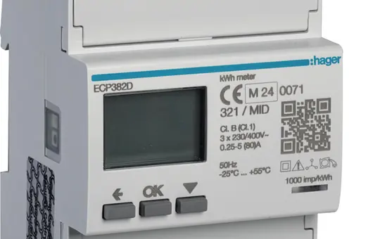 HAGER ECP382D Compteur d'énergie 3 phases direct 80 A, 4M, S0, MID