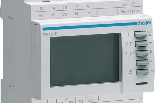 HAGER SM101E Multimètre de mesure pour transformateurs de courant triphasé, pour la mesure de U, I, P, Q, S