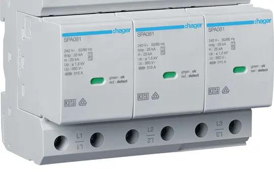HAGER SPA800 Parafoudre combiné T1+T2 3 pôles, 25 kA, TNC