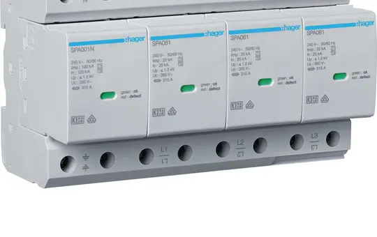 HAGER SPA801 Combined Surge Arrester Type 1+2 4-pole, 25 kA, TNS/TT