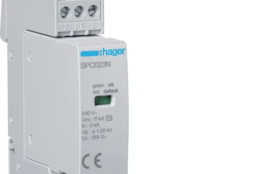 HAGER SPC203N Parafoudre de type 3 1 pôle + N, 5 kA, Uc 264 V, In Up 1,25 kV contact