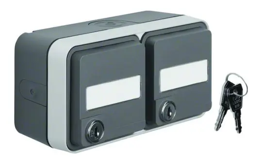 BERKER 47893525 desc. SCHUKO surface-mounted socket W.1 2-fold, hinged lid, lock | grey/light gray matt